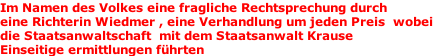 Im Namen des Volkes eine fragliche Rechtsprechung durch  eine Richterin Wiedmer , eine Verhandlung um jeden Preis  wobei die Staatsanwaltschaft  mit dem Staatsanwalt Krause  Einseitige ermittlungen führten